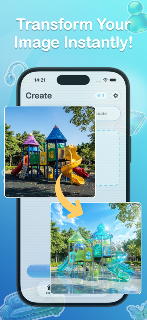 Aesthify: Frutiger Aero AI Art - A before and after comparison of a playground photo transformed into a glossy Frutiger Aero aesthetic using AI.