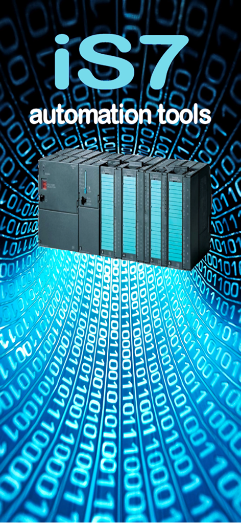 iS7 - iS7 Automatisierungswerkzeuge Logo mit einer Siemens S7 SPS Hardware-Einheit auf einem blauen Binärcode-Hintergrund