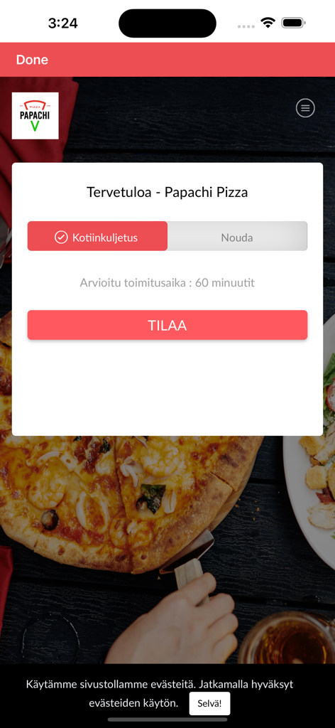 Papachi Pizzeria - Papachi Pizzeria mobile app home screen with options for home delivery or pickup and a red order button