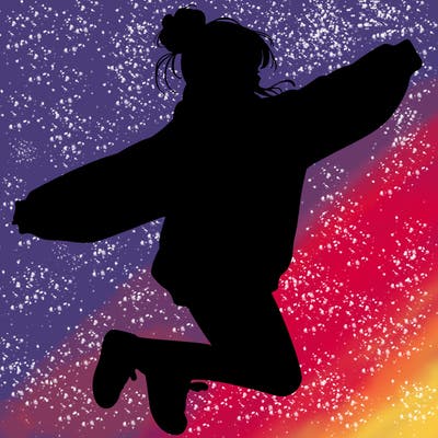 realistic girl jumping with a bun and oversized sweatshirt