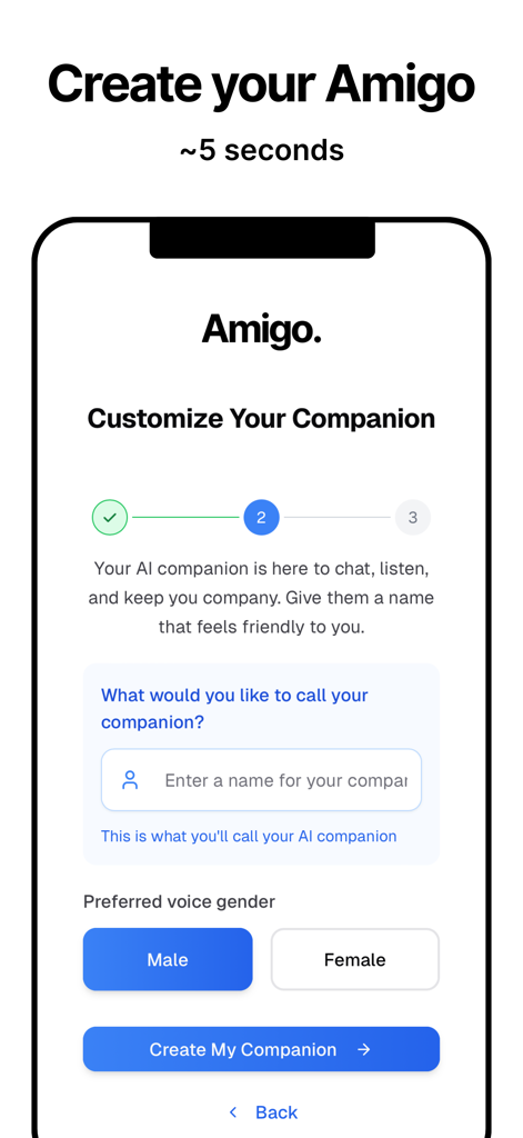 Amigo - Your AI Coach - Setup screen for Amigo AI coach to name the companion and select voice gender