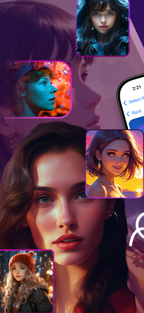 Uma colagem mostrando diferentes filtros estéticos de retratos gerados por IA para criação de fotos em vídeo