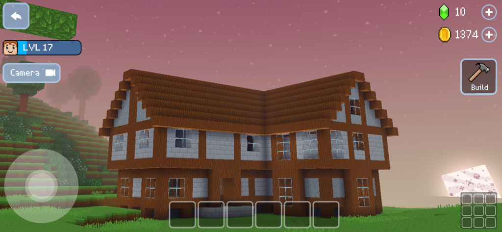 A large wooden house built in Block Craft 3D showing voxel style graphics