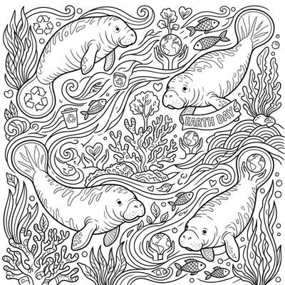 Celebrate Earth Day with this delightful coloring page featuring gentle manatees gracefully navigating a vibrant underwater world. Explore themes of ocean conservation and environmental protection as you bring this intricate scene to life with your favorite colors.