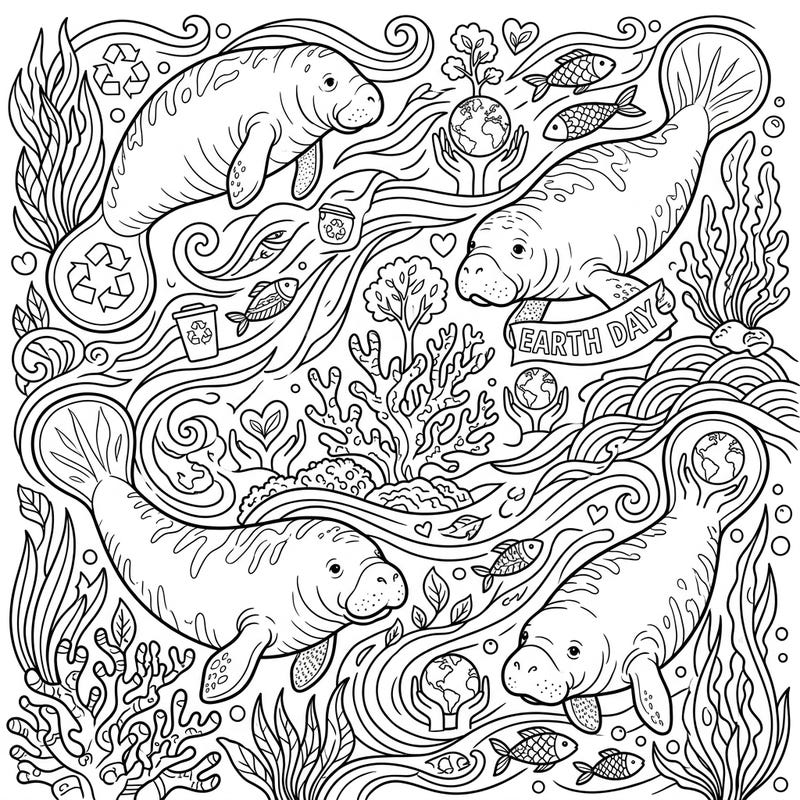 Celebrate Earth Day with this delightful coloring page featuring gentle manatees gracefully navigating a vibrant underwater world. Explore themes of ocean conservation and environmental protection as you bring this intricate scene to life with your favorite colors.