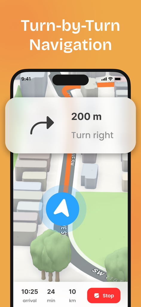 Interface d'application mobile montrant une navigation virage par virage avec une carte et des indications routières