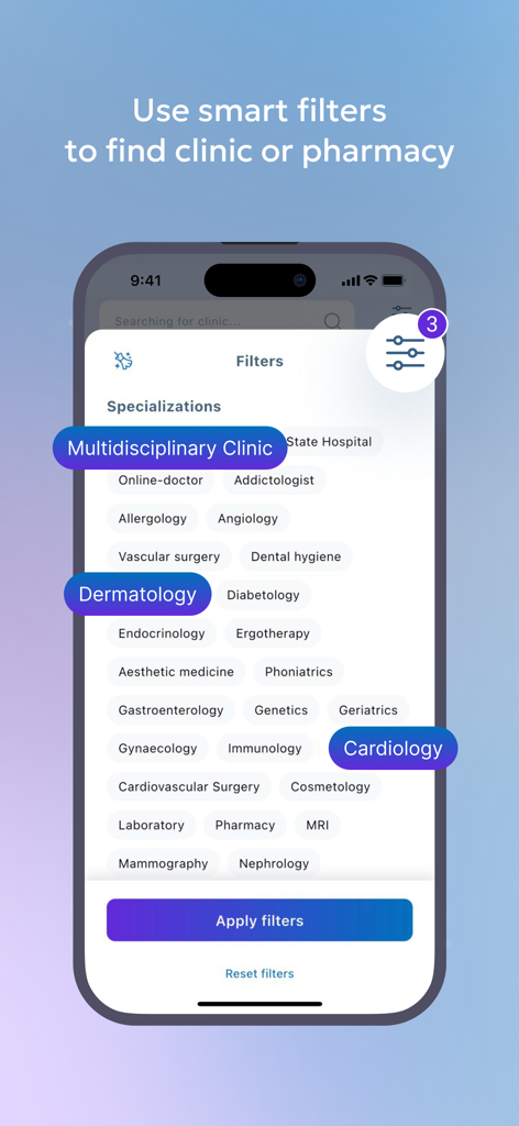 ZORYX - Mobile app screen displaying medical specialization filters to find clinics in Prague