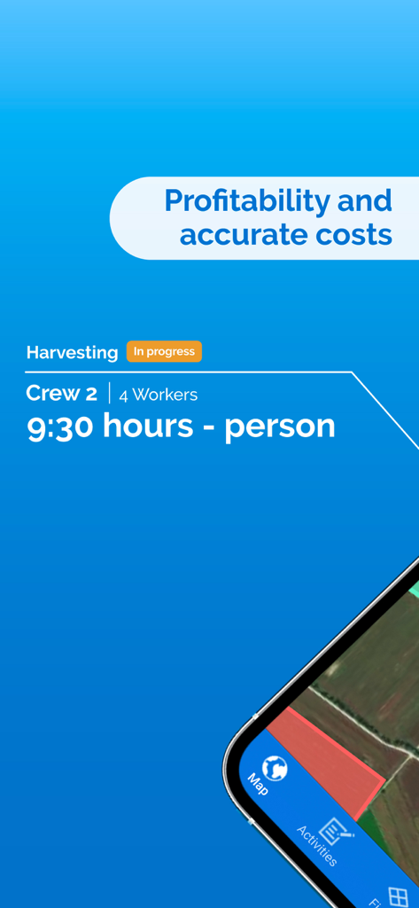 Agroptima - Interface do aplicativo Agroptima mostrando o progresso da colheita e horas de trabalho para rastreamento de custos em uma fazenda