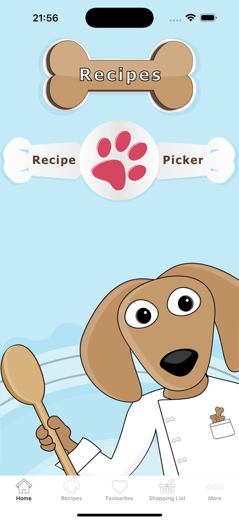 Home screen of Dog Treat Delights app featuring a dog chef holding a wooden spoon with buttons for recipes and recipe picker