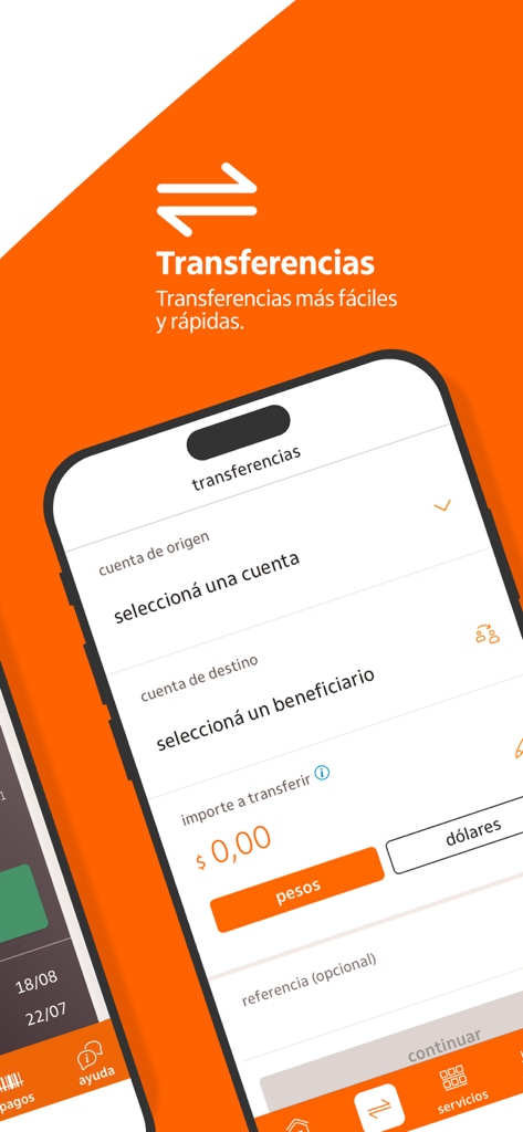 Itaú UY - Pantalla de la aplicación móvil para transferencias bancarias en la aplicación Itaú UY que muestra los campos para la cuenta de origen, el beneficiario y la selección de moneda
