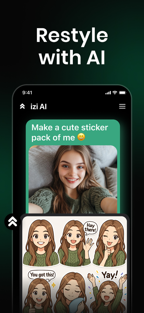 AI Chat Bot Assistant - izi - izi AI app interface showing a personalized sticker pack generated from a selfie