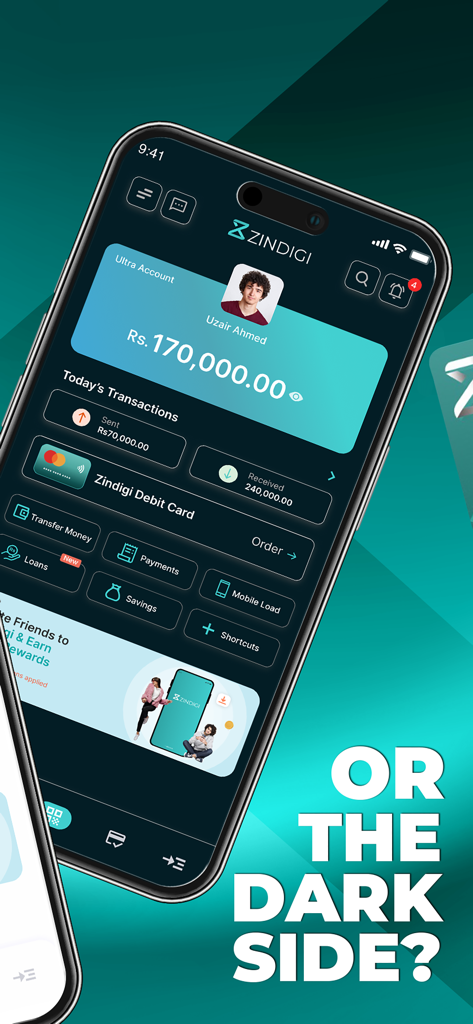 Zindigi - All in One Finance - Zindigi mobile app dashboard in dark mode displaying account balance and financial services