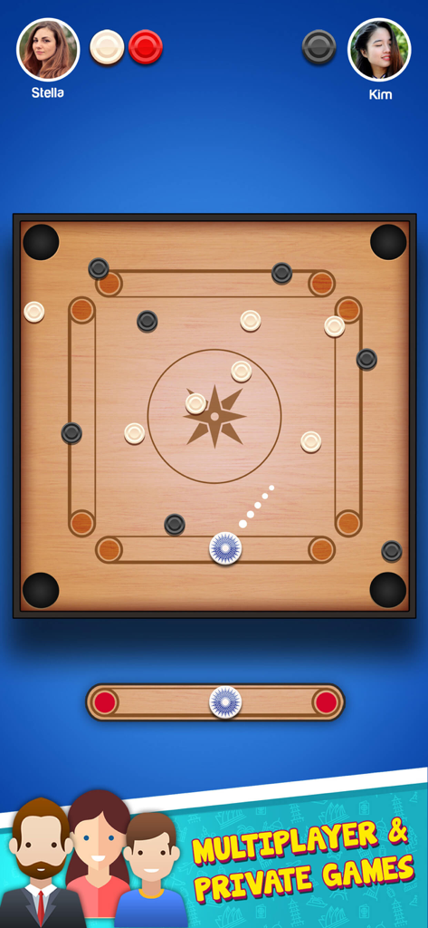 Carrom Master gameplay showing a multiplayer match on a digital carrom board with a striker and coins