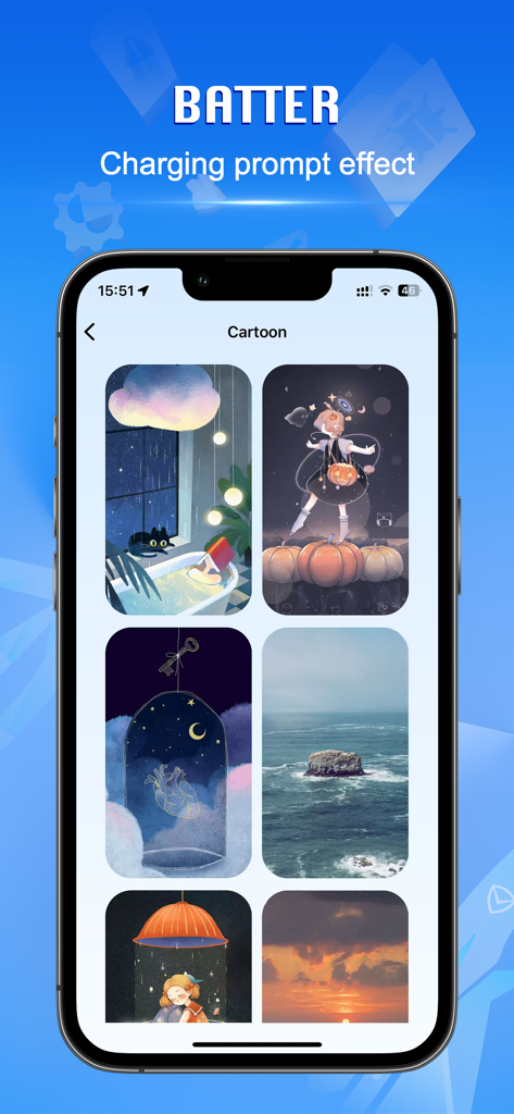 Smart Clean：Phone Storage - Smart Cleanアプリのさまざまな漫画スタイルの充電アニメーションを示すメニュー