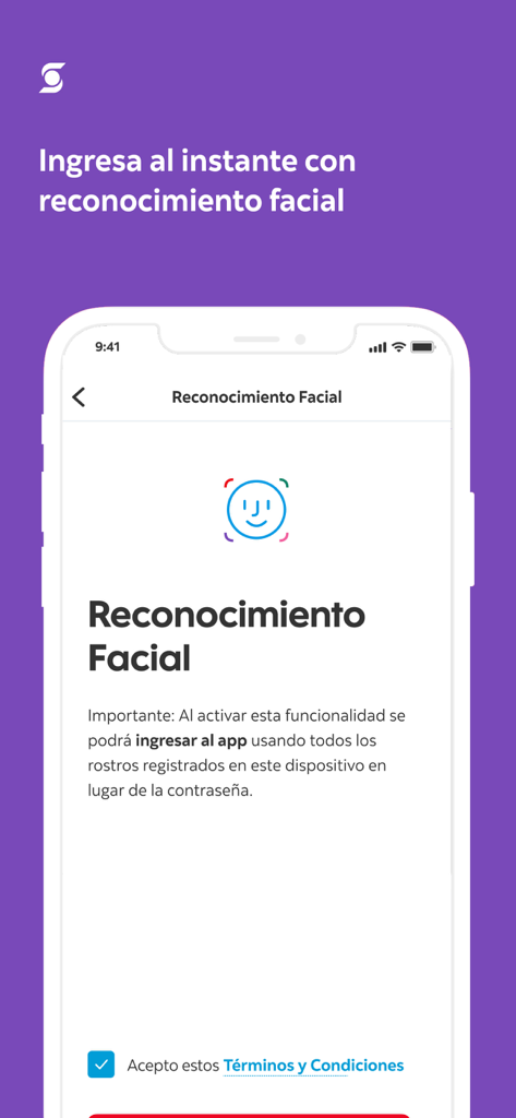 Scotiabank Perú - Tela de configuração de login de reconhecimento facial do aplicativo móvel Scotiabank Peru