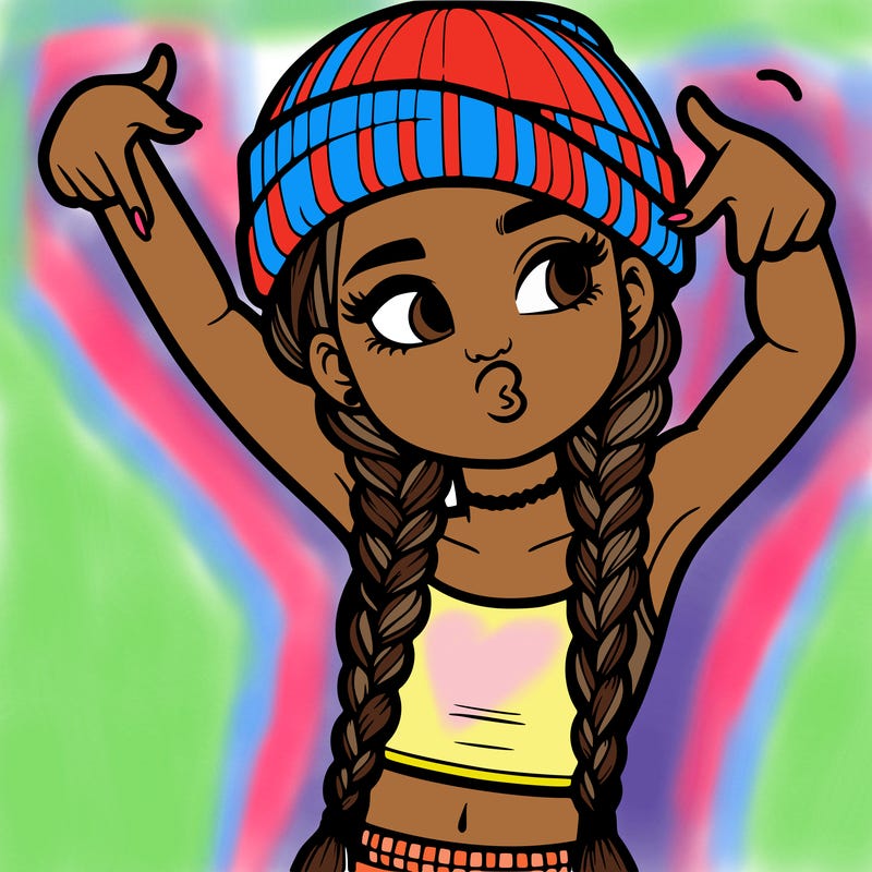 realistic teenage girl with braids and a beanie and crop top doing 🫶🏼