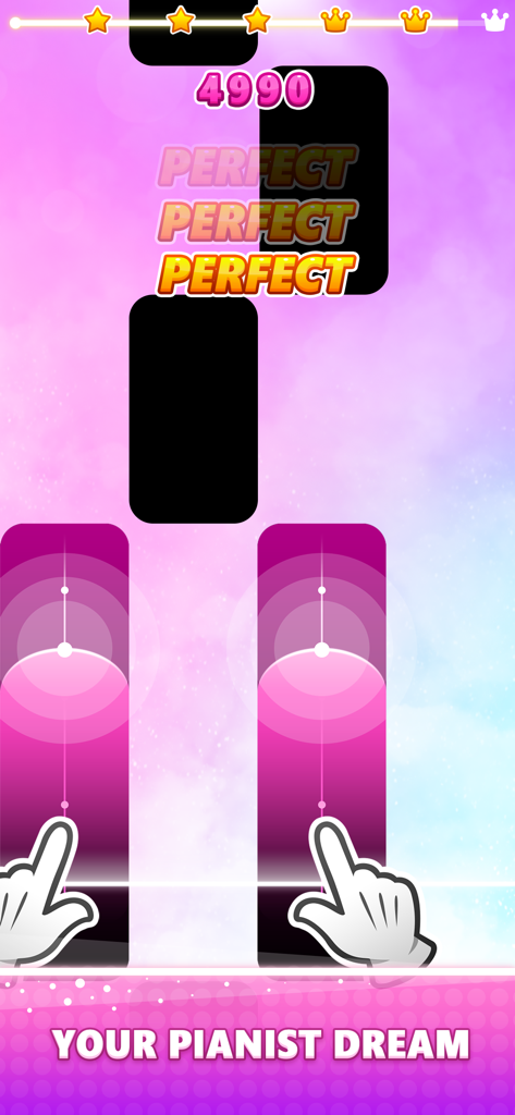 Gameplay screen of Color Tiles Vocal Piano game featuring hands tapping pink tiles on a rhythmic track