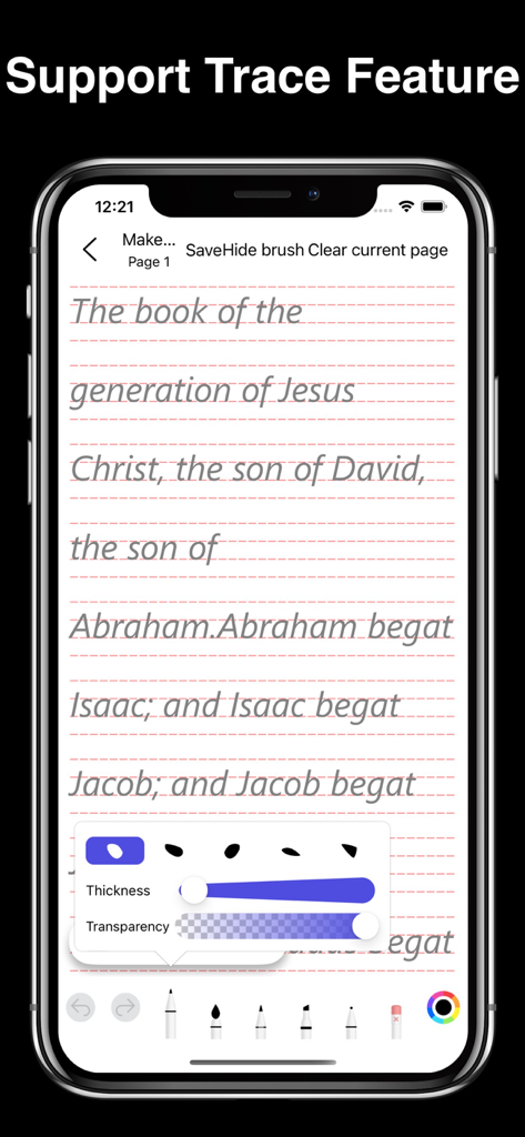 Schermata iPhone che mostra la funzione di tracciamento calligrafico con testo biblico e impostazioni del pennello per la pratica del corsivo