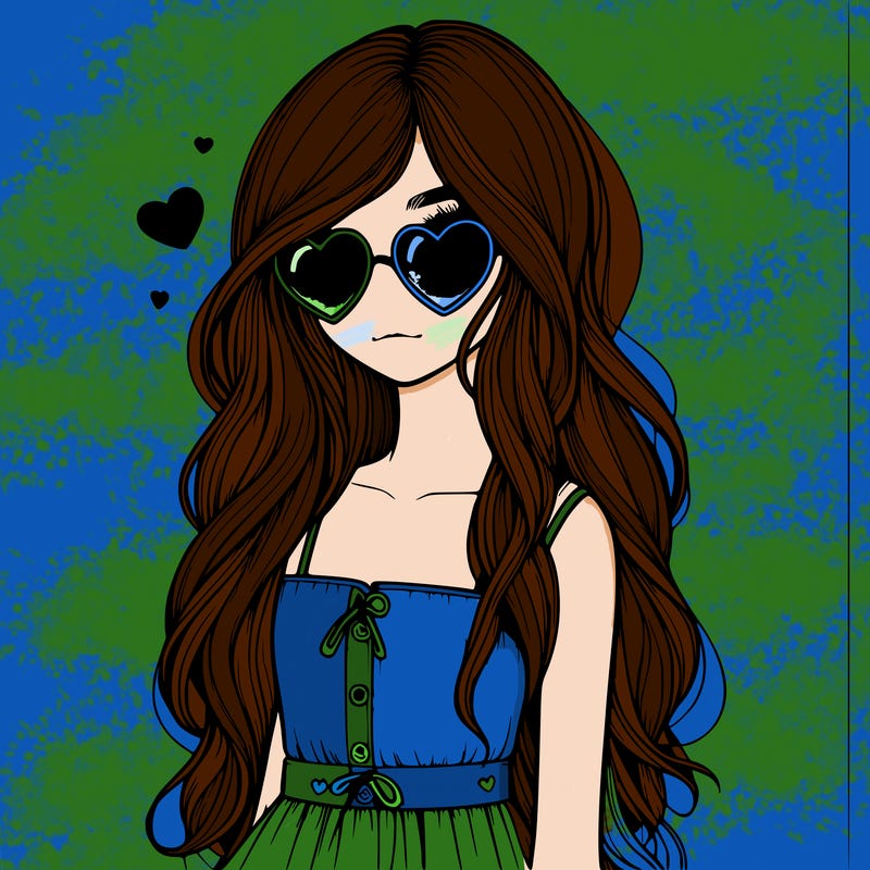 realistic girl valentine vibes long hair and cute clothes with heart sun glasses one girl