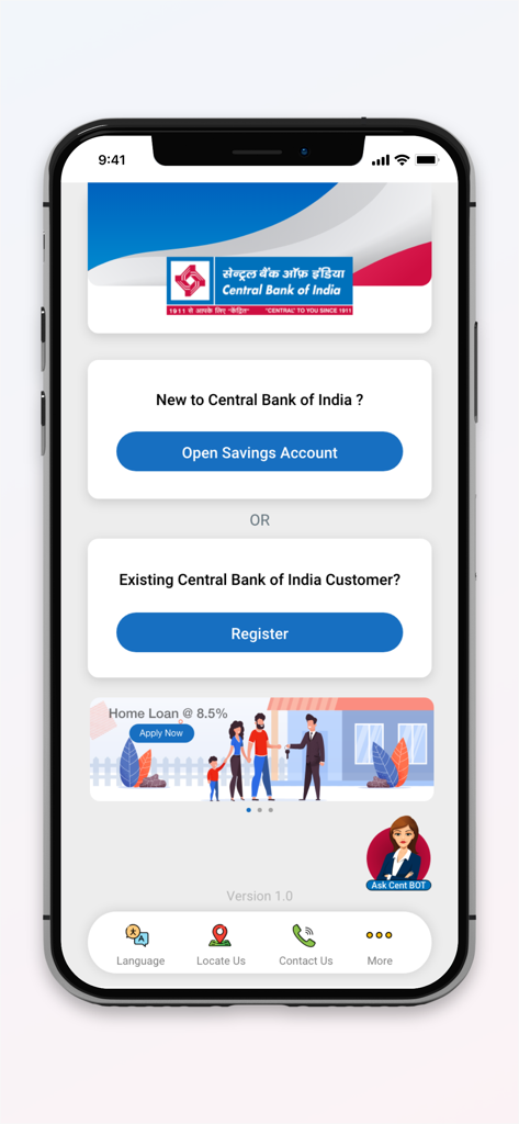 CentMobile - CentMobile app welcome screen with registration and savings account opening options