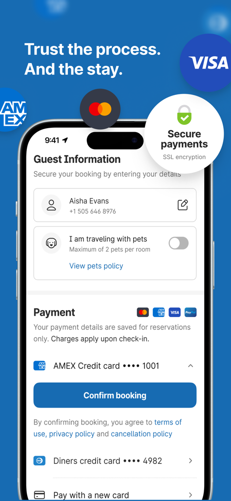 Secure booking and payment screen in the My6 app showing guest details and pet travel options