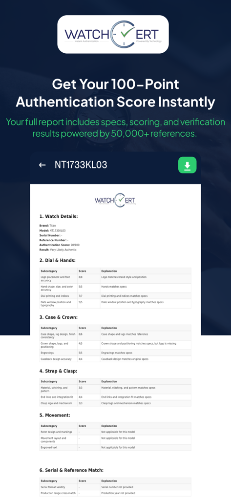 WatchCert: Watch Authenticator - A detailed 100 point luxury watch authentication report and inspection score in the WatchCert app