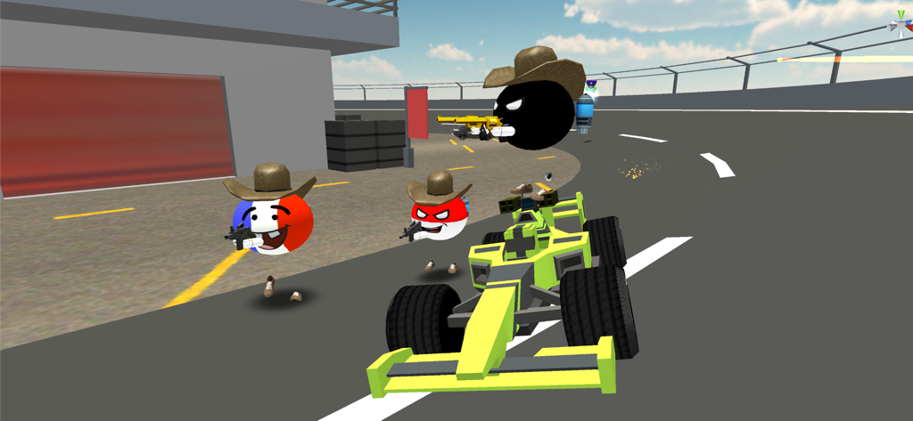 Memes Wars - Meme characters with cowboy hats and guns next to a yellow racing car in Memes Wars