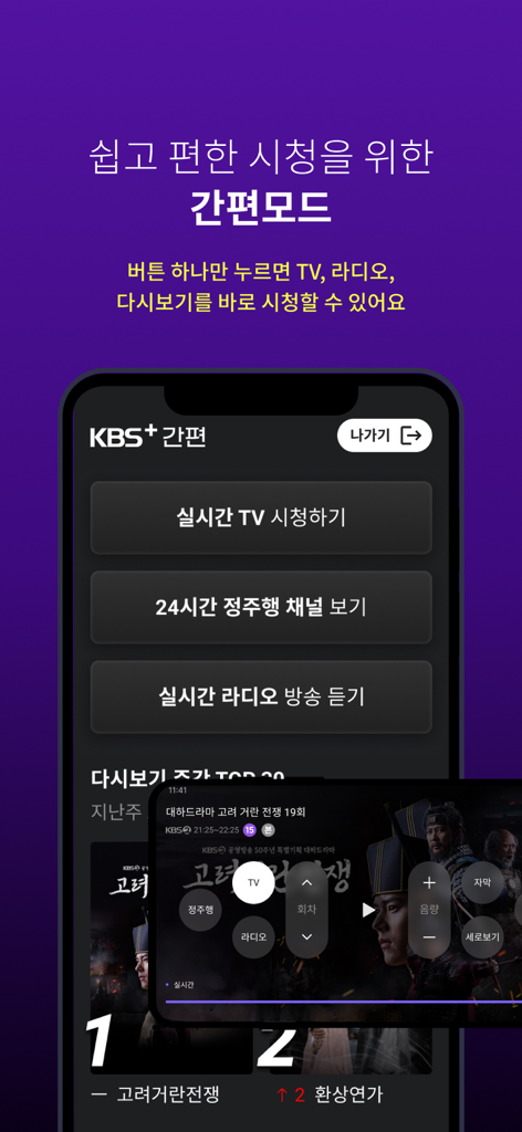 KBS plus mobile App Einfacher Modus-Oberfläche mit großen Schaltflächen für einfache Navigation
