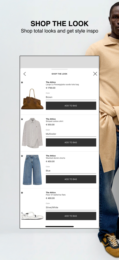 Fonctionnalité Shop the Look de l'application LUISAVIAROMA affichant une sélection de tenues personnalisées avec des articles de créateurs.