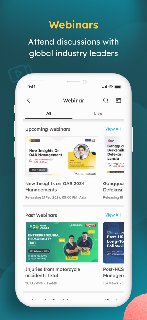 Docquity - Docquity app interface showing upcoming and past medical webinars for healthcare professionals