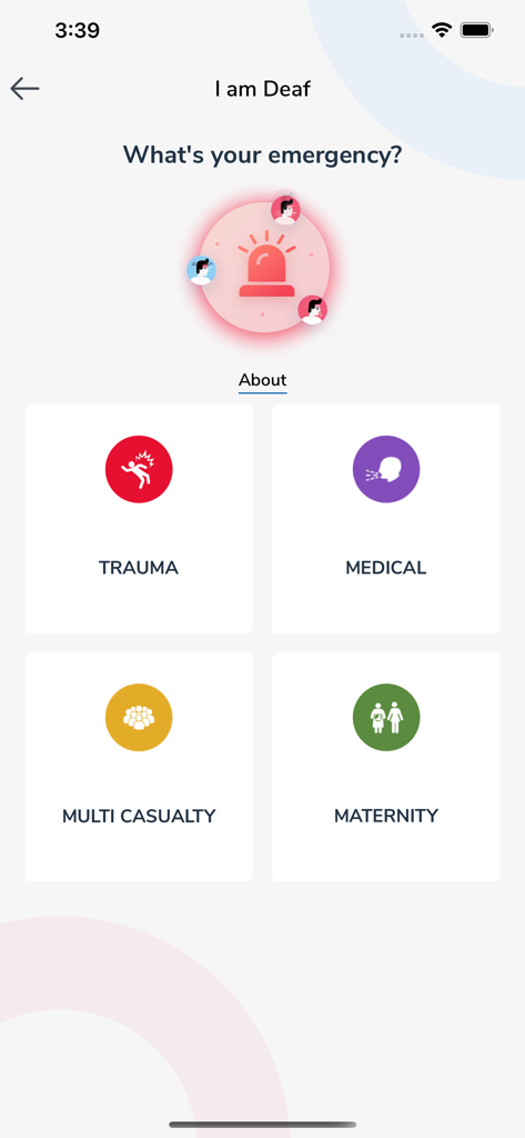 Dubai Ambulance - إسعاف دبي - Dubai Ambulance app interface for deaf users to select emergency types like trauma medical and maternity