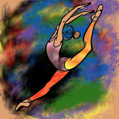 gymnast doing a leap in a leotard with a bent back leg