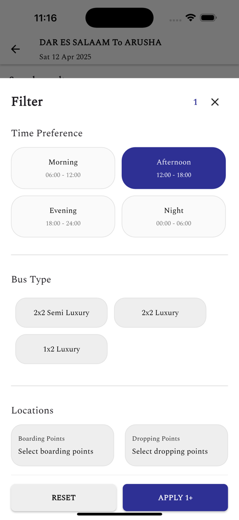 BM Coach - Filter screen for the BM Coach app showing bus travel options for time and luxury level in Tanzania