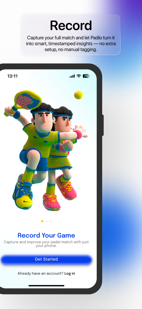 Onboarding screen for the Padlo app featuring 3D characters playing padel and a prompt to record matches for AI analysis