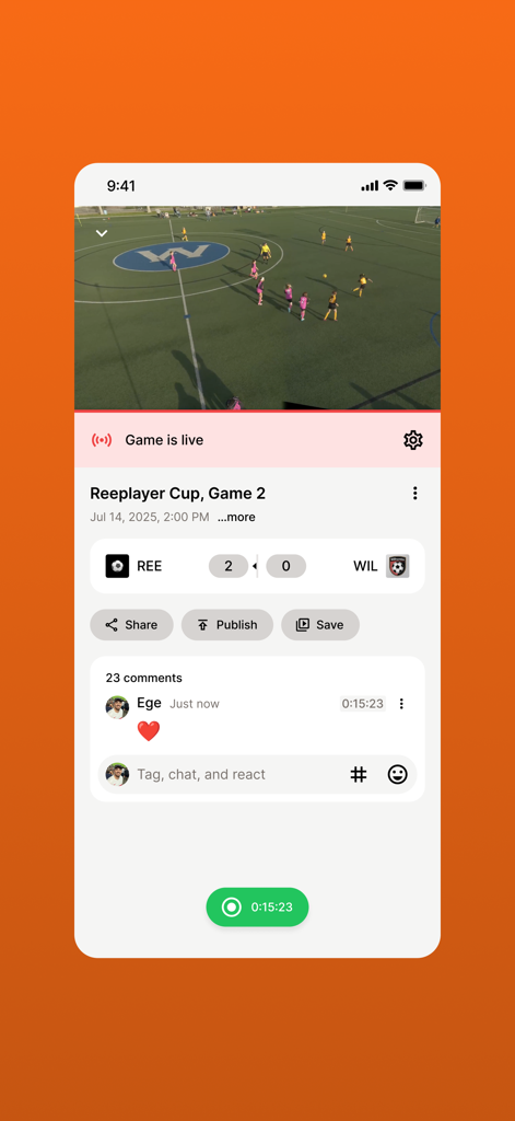 점수 추적 및 소셜 댓글이 포함된 Reeplayer 앱에서 스트리밍되는 유소년 축구 경기 라이브