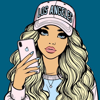 realistic beautiful girl wearing los ángeles cap holding an iphone