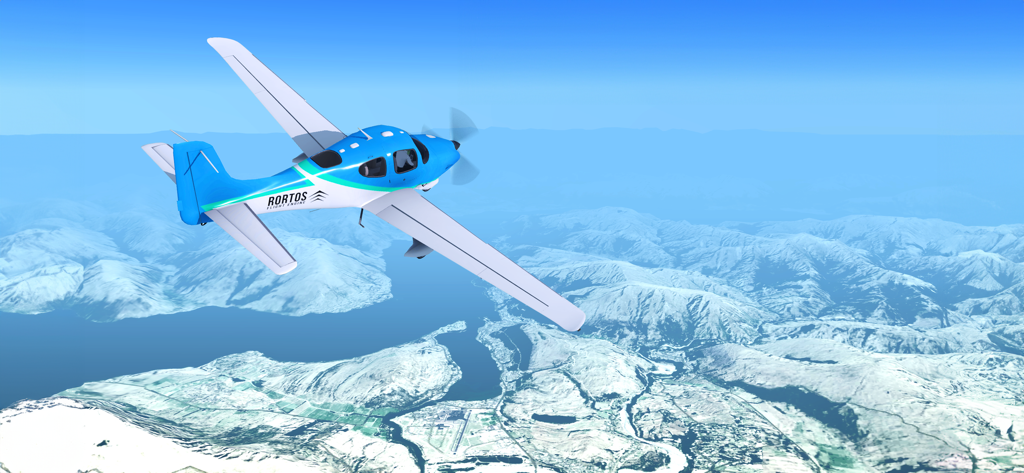 A blue and white light aircraft flying over realistic snowy mountain terrain in RFS Real Flight Simulator