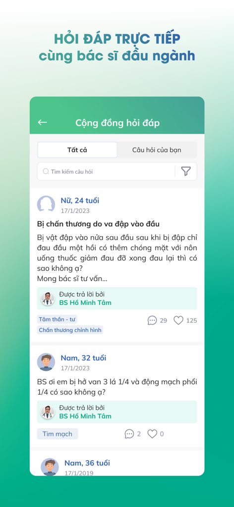 사용자가 건강 질문을 하고 의사로부터 답변을 받는 베트남 의료 커뮤니티 포럼을 보여주는 모바일 앱 화면.