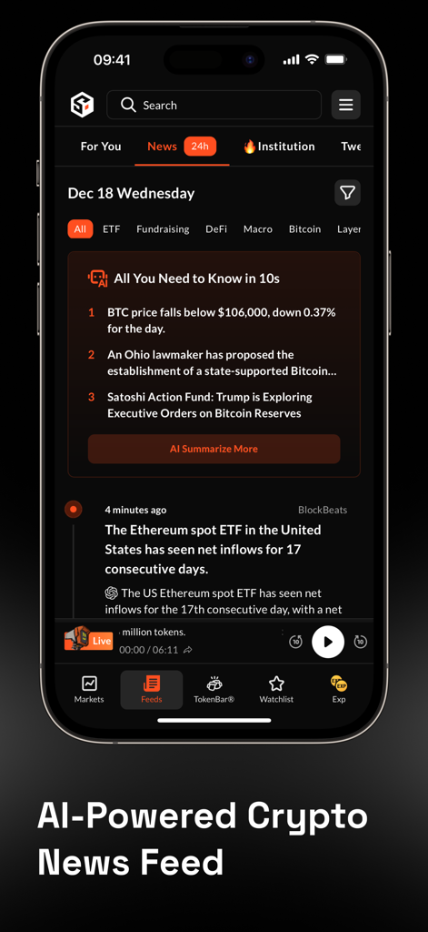 Interface of the SoSoValue app displaying an AI powered crypto news feed and summarized market insights