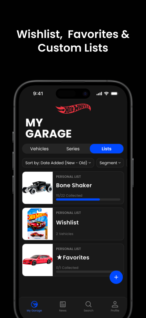 Hot Wheels Showcase™ - Hot Wheels Showcase app interface showing collection lists wishlist and favorites with progress tracking