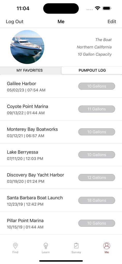 Pumpout Nav - Pumpout Nav app user profile screen showing a historical log of boat sewage pumpouts with dates and locations