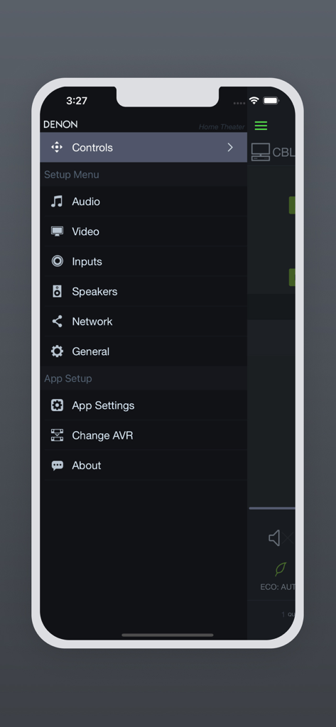 Il menu di navigazione laterale dell'app Denon AVR Remote che mostra varie impostazioni di sistema e audio.
