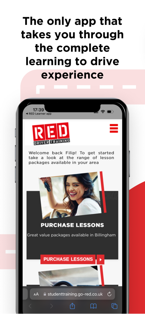 Learn to Drive with RED - A smartphone screen showing the RED driver training app with an option to purchase driving lesson packages.