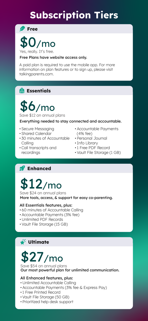 TalkingParents subscription tiers showing Free Essentials Enhanced and Ultimate plans and pricing