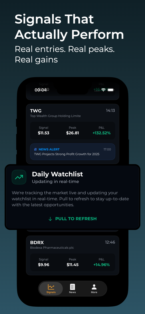 Stock Pulse app interface showing real-time stock signals with entry prices and profit percentages.