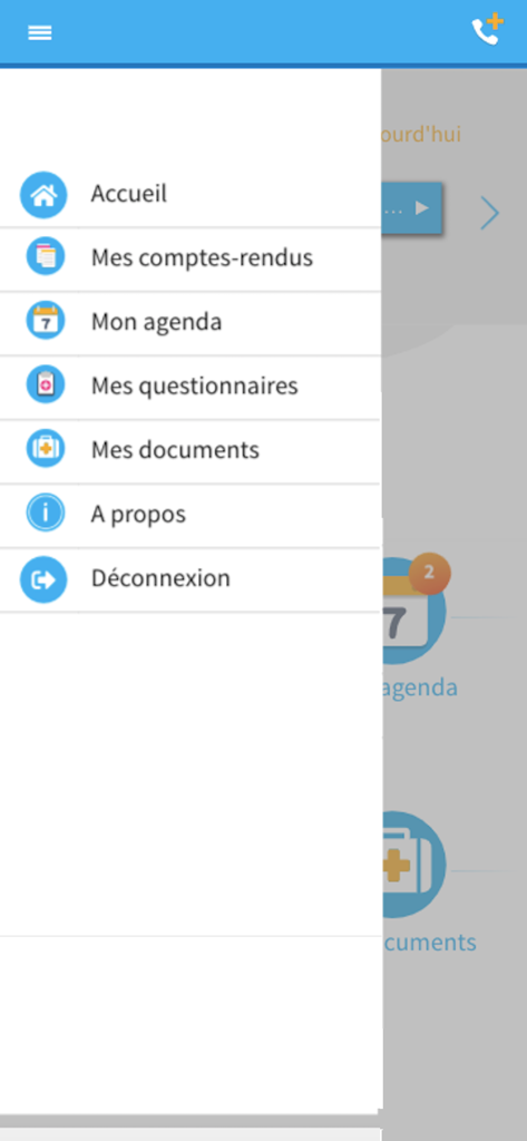 engage, suivi patient connecté - Interface do menu lateral do aplicativo de monitoramento do paciente engage com opções de navegação como relatórios, agenda e questionários