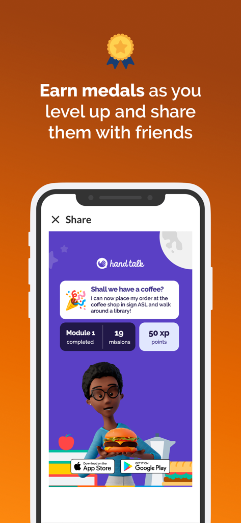 Share screen of Hand Talk ASL app displaying earned medals and mission progress