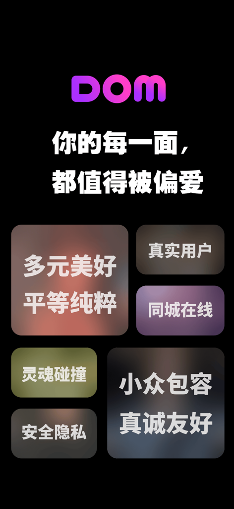 Dom app welcome screen with neon logo and text blocks describing community values in Chinese