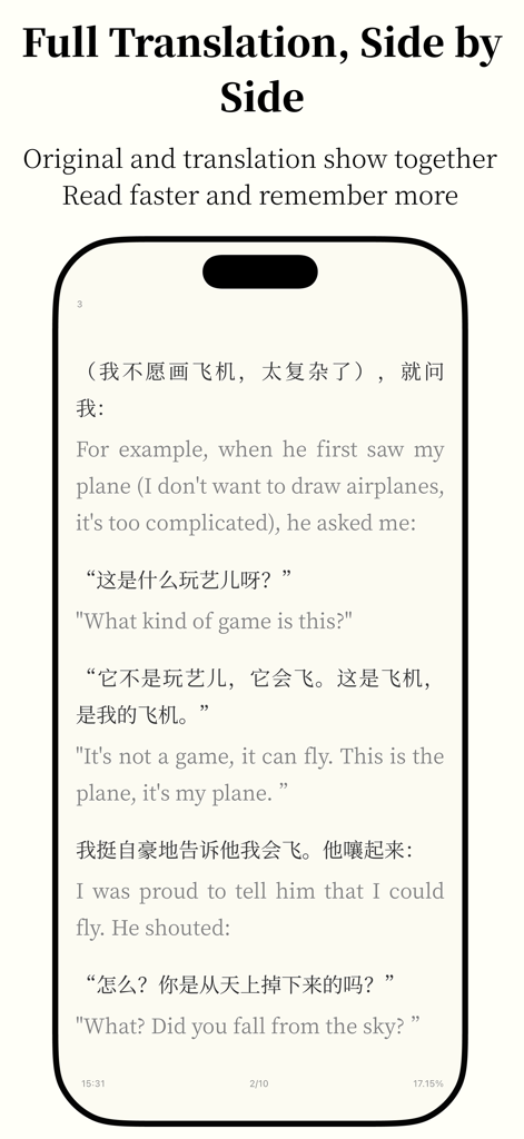 Anx Reader - Anx Reader app showing side-by-side bilingual translation on an iPhone