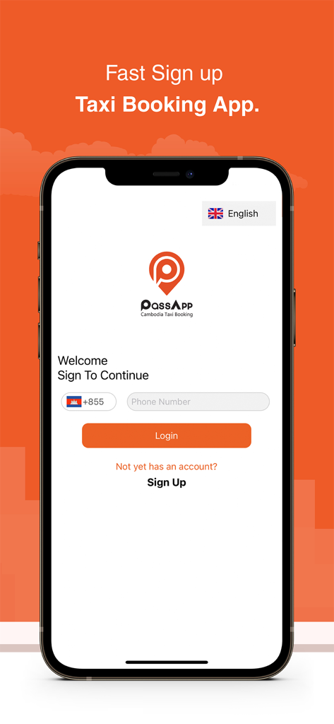 PassApp Taxi and Delivery - Écran de connexion et d'inscription de l'application de réservation de taxi PassApp avec saisie du numéro de téléphone pour le Cambodge